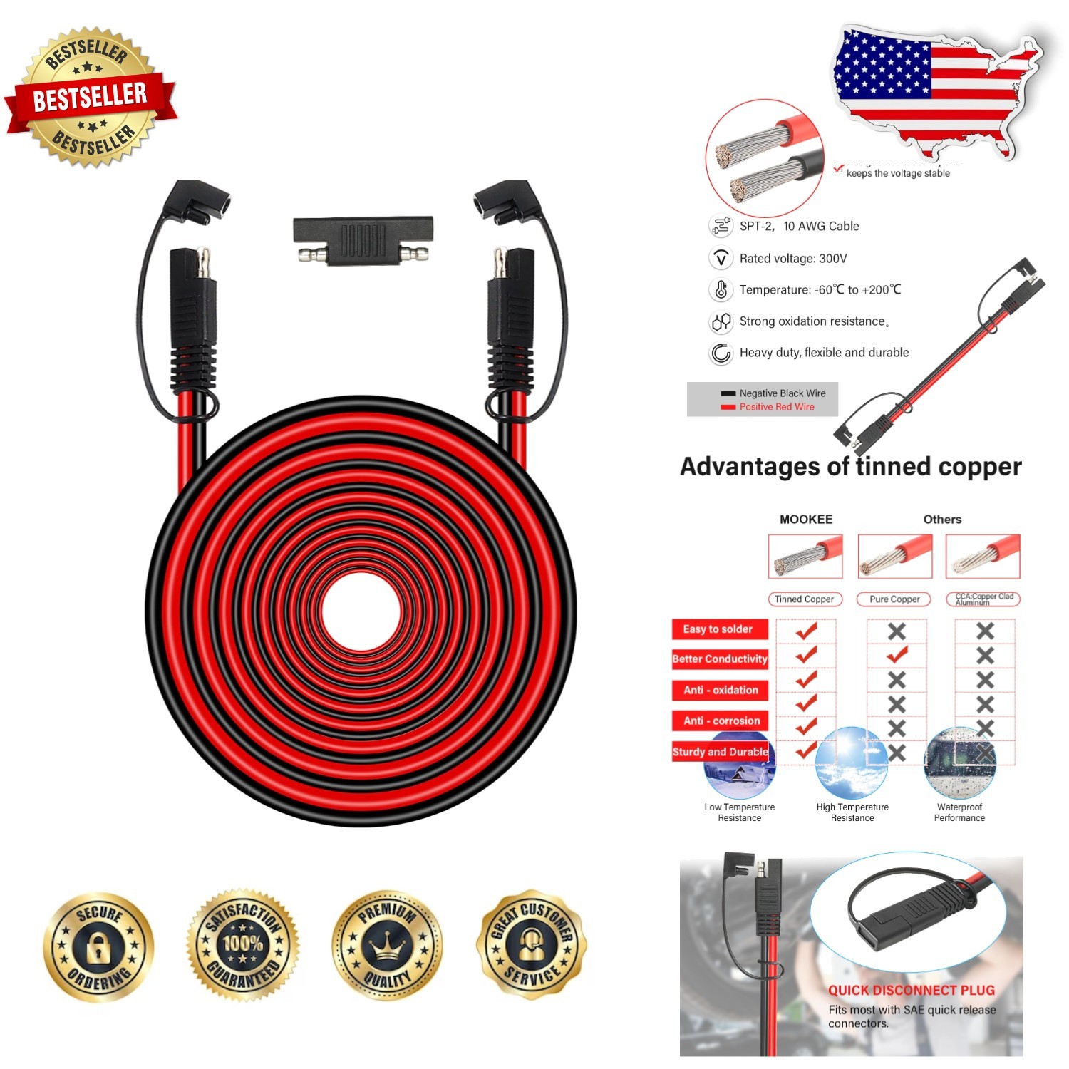 Heavy Duty 10 AWG SAE Extension Cable 60FT – Fast Charge, Heat Resistant, Wat…