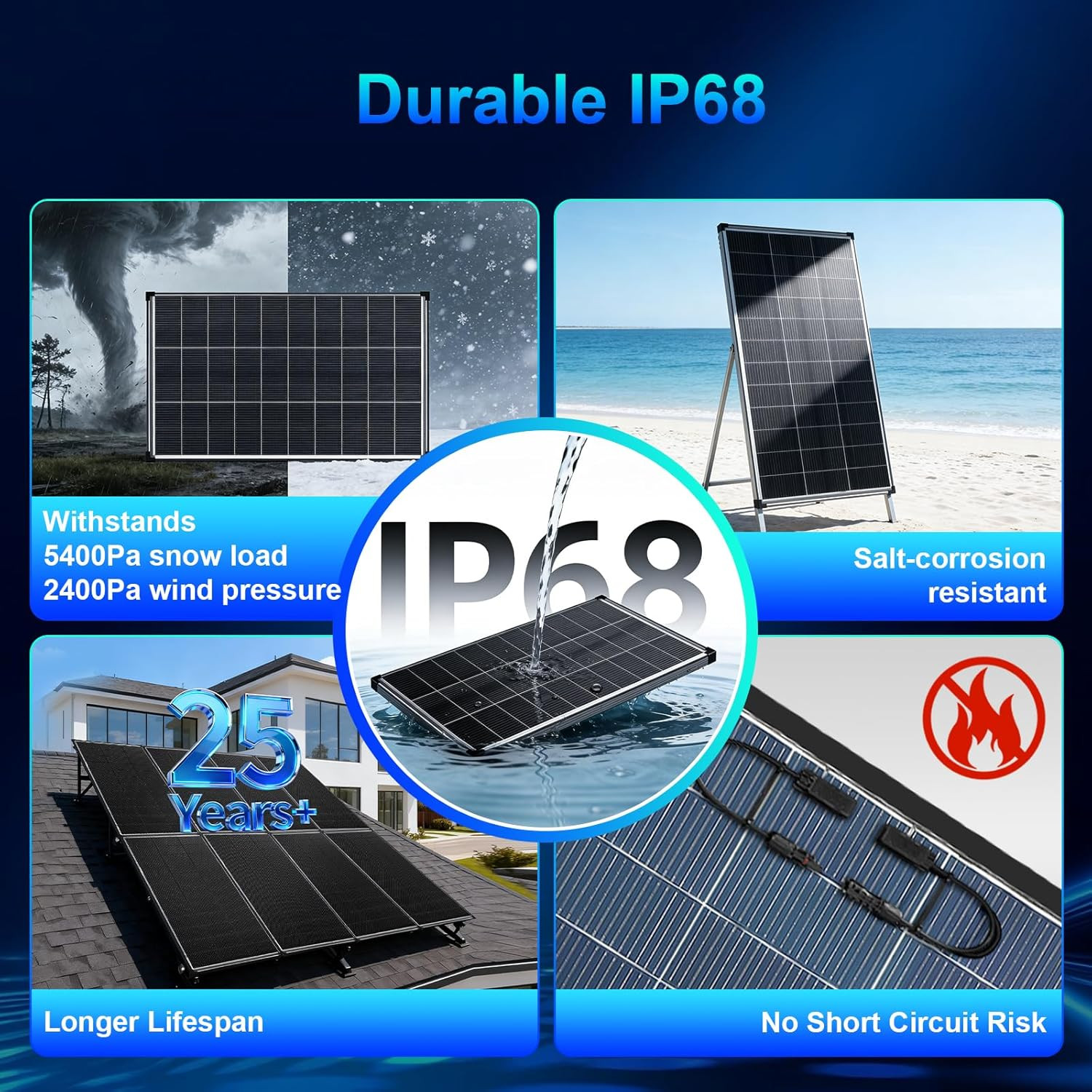200 Watt Solar Panel,18Bb N-Type A+ Monocrystalline Cell 25% High Efficiency 200