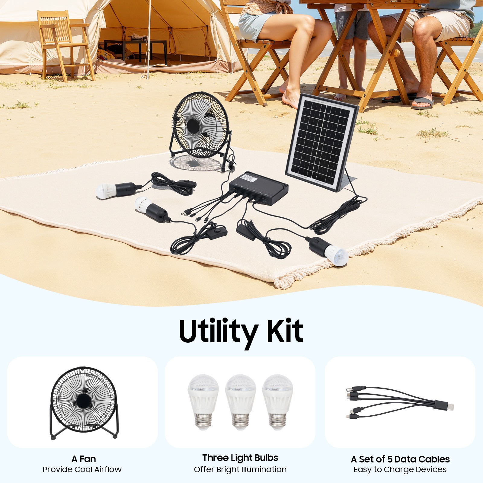 Solar Power Panel Kit Outdoor Camping USB Charging System W/ LED Light & 8″ Fan