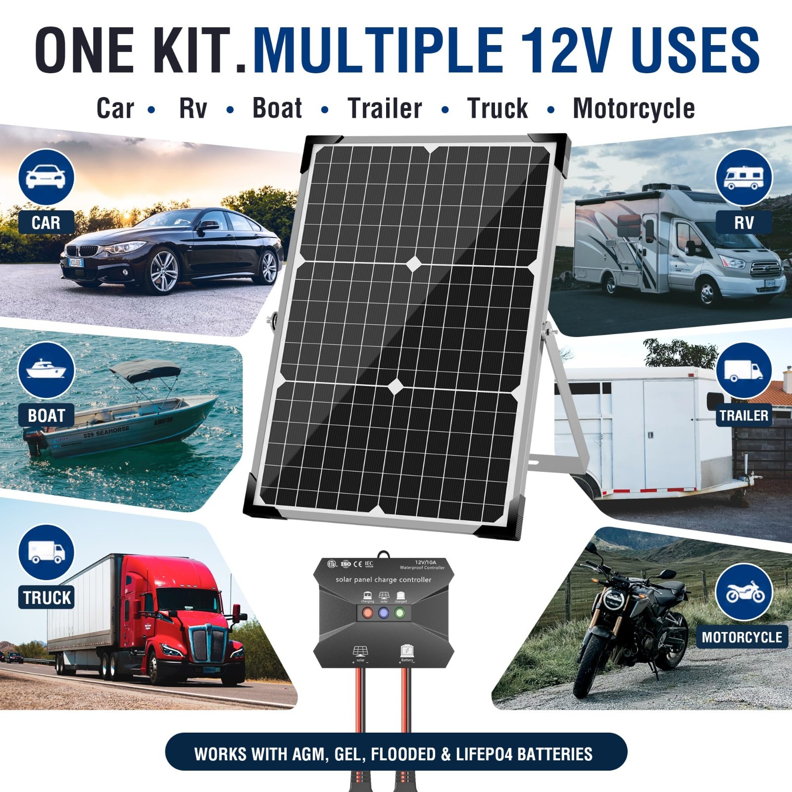 30W Solar Battery Charger Kit – 12V Waterproof Solar Panel with 10A Controller,