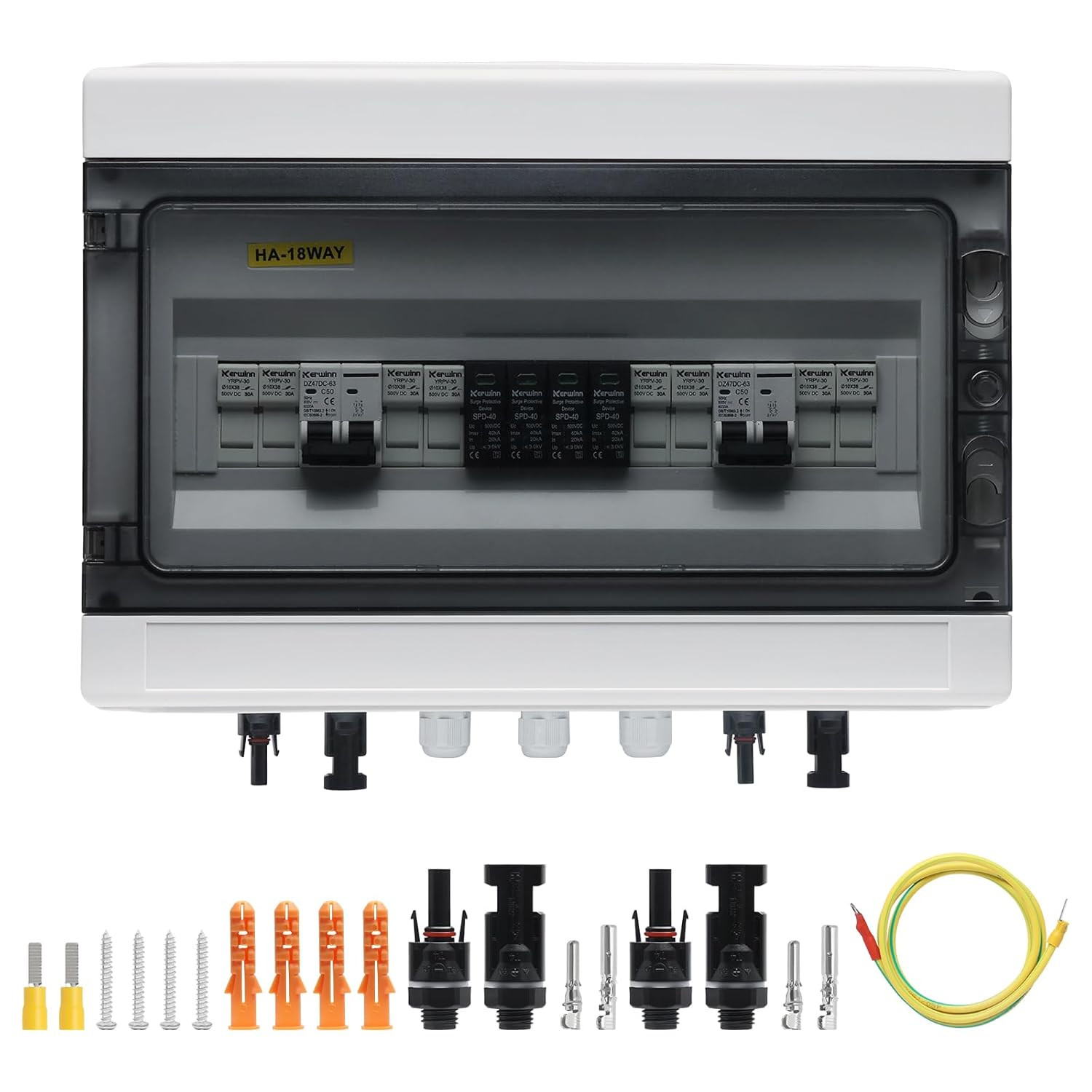 PV Solar Combiner Box,50A 500V Junction Box IP65 Waterproof 4 String 4 in 2 Out