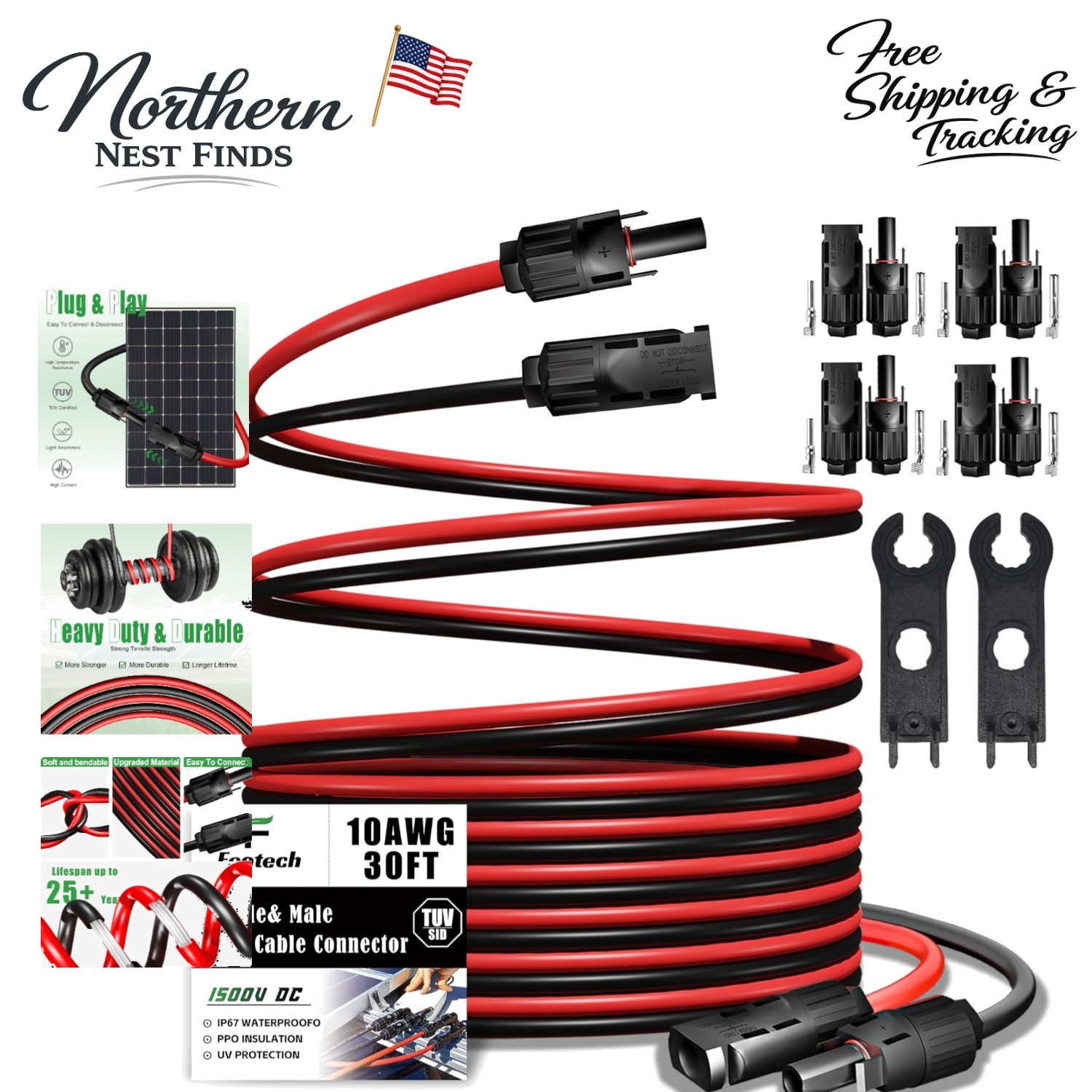 Multi-Use 30FT Solar Extension Cable – 10AWG with Weatherproof Connectors