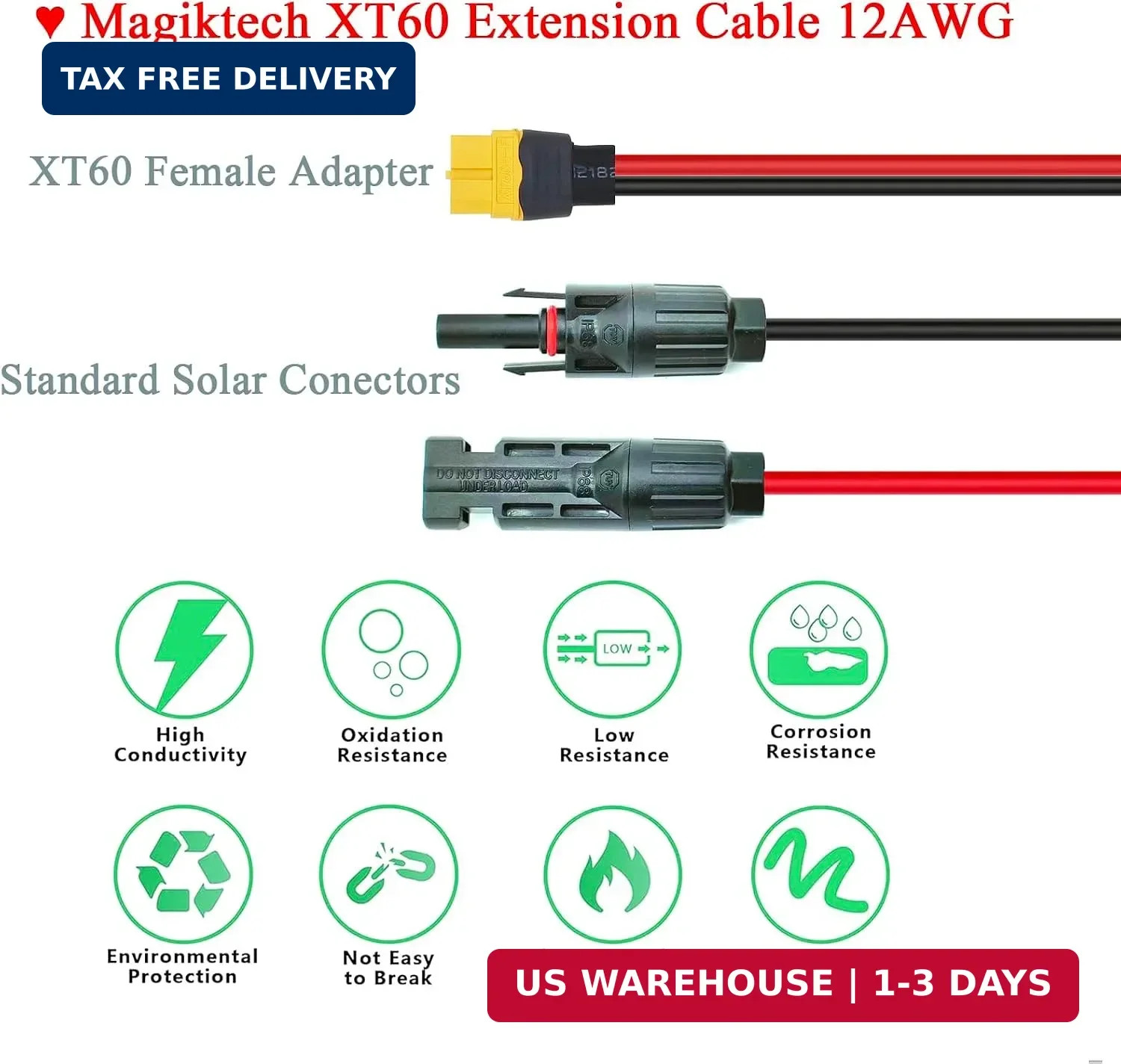 12AWG 25FT Solar to XT60 Cable,Solar Charge Cable with XT60 Female Adapter for P