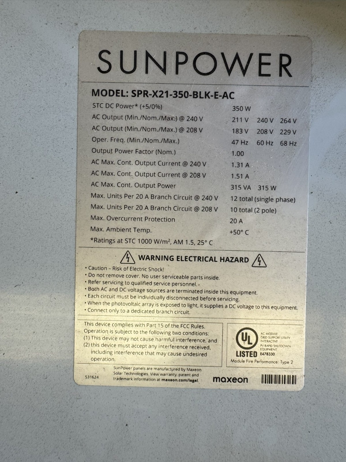 Sunpower Solar Panels 350W Lot of 20 Pc. SPR-X21-350-BLK-E-AC