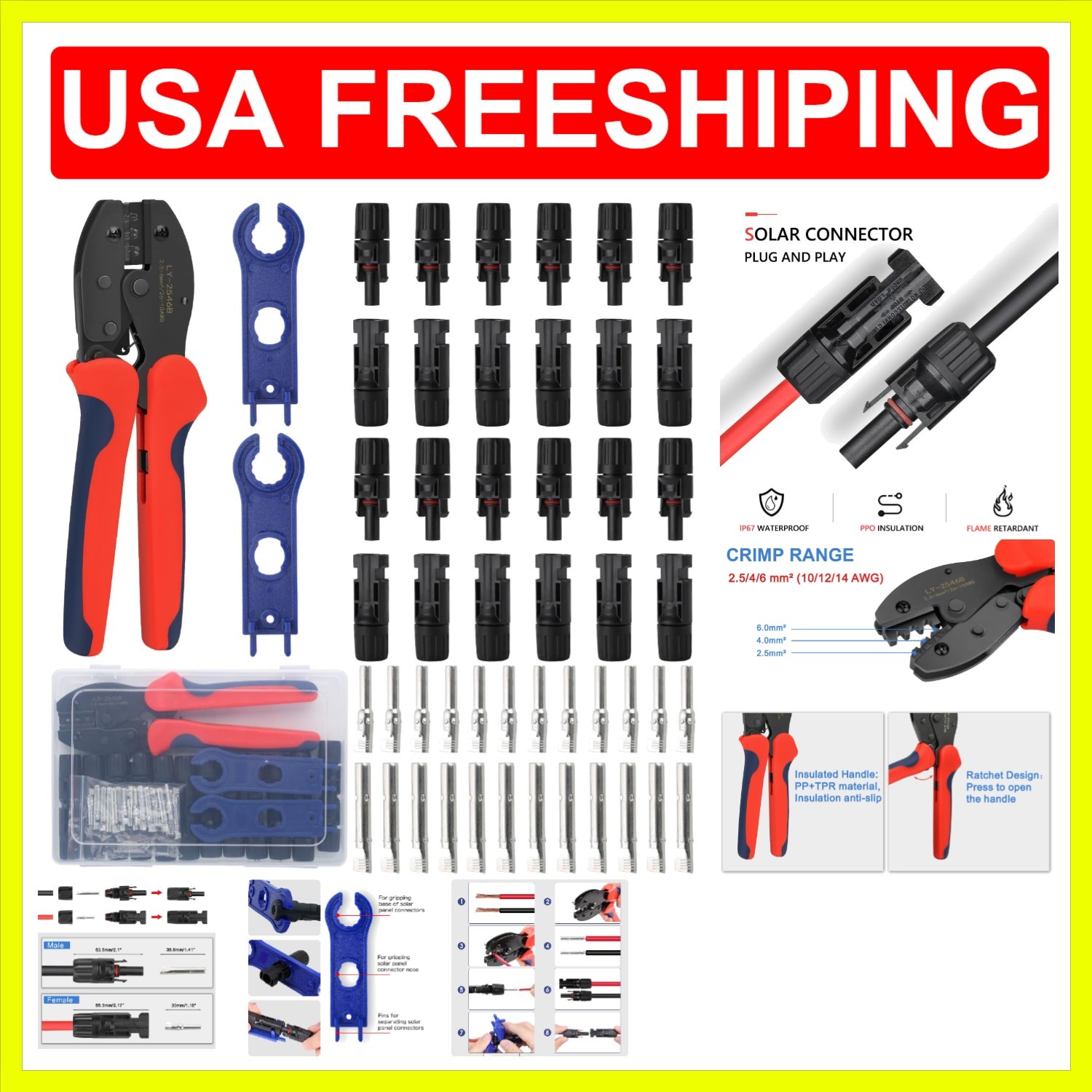 Solar Crimping Tool Kit for 2.5/4/6mm²/10-14AWG, with 12 Pairs Male Female So…