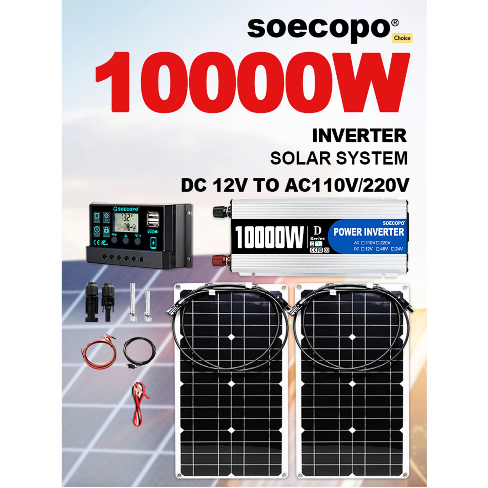 10000W Solar Kit 2pcs Flexible Panels 100A Controller 12V to 110V 220V Inverter