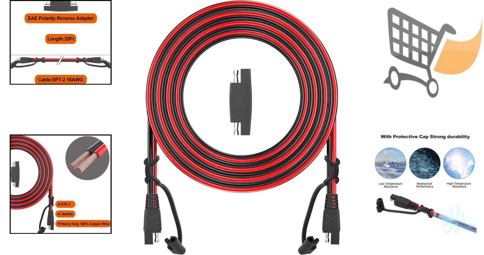 12Ft SAE Extension Cable Copper 16AWG Male to Female Quick Disconnect Solar