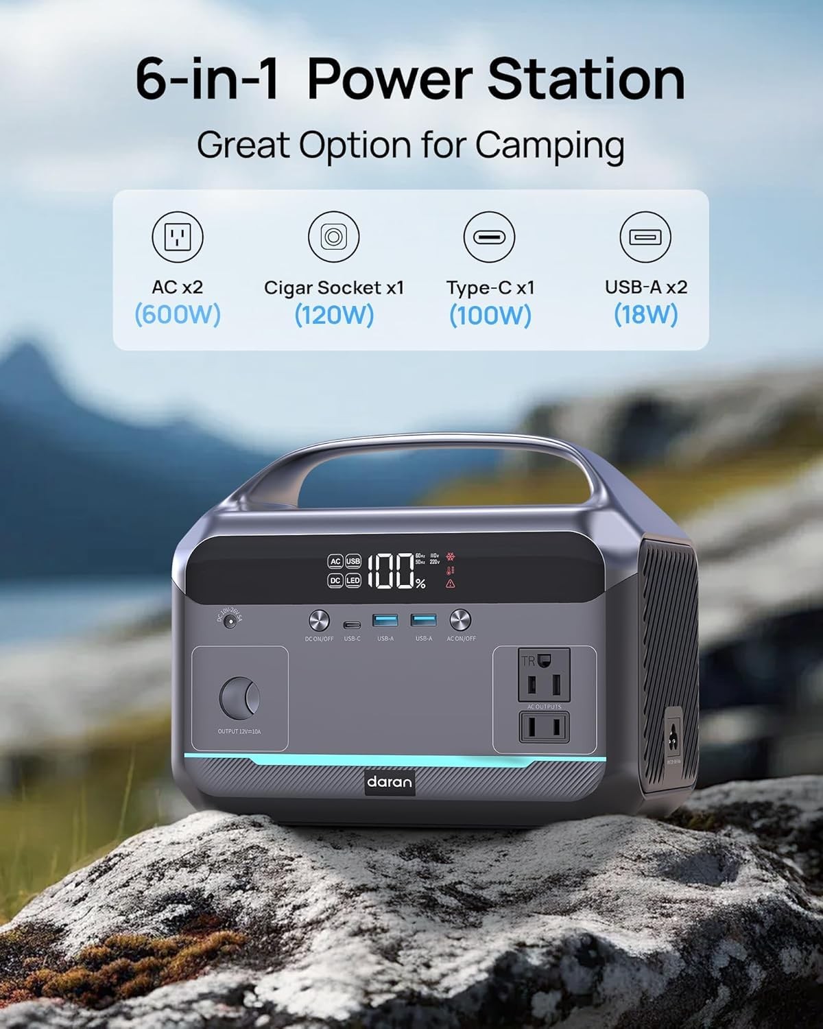 Portable Power Station 600W, 288Wh LiFePO4 Battery Backup Power w/2×600W AC O…