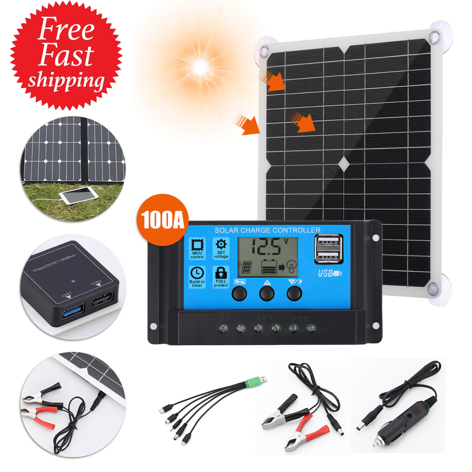 200 Watts Solar Panel Kit 100A Battery Charger + Controller For Caravan Boat RV