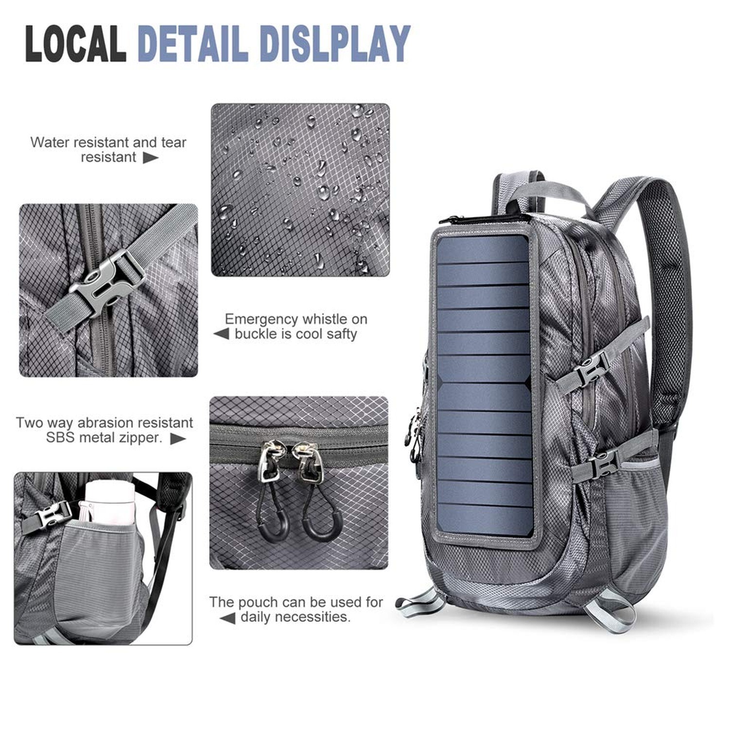 Solar Backpack Foldable Hiking Daypack With 5V Power Supply Grey