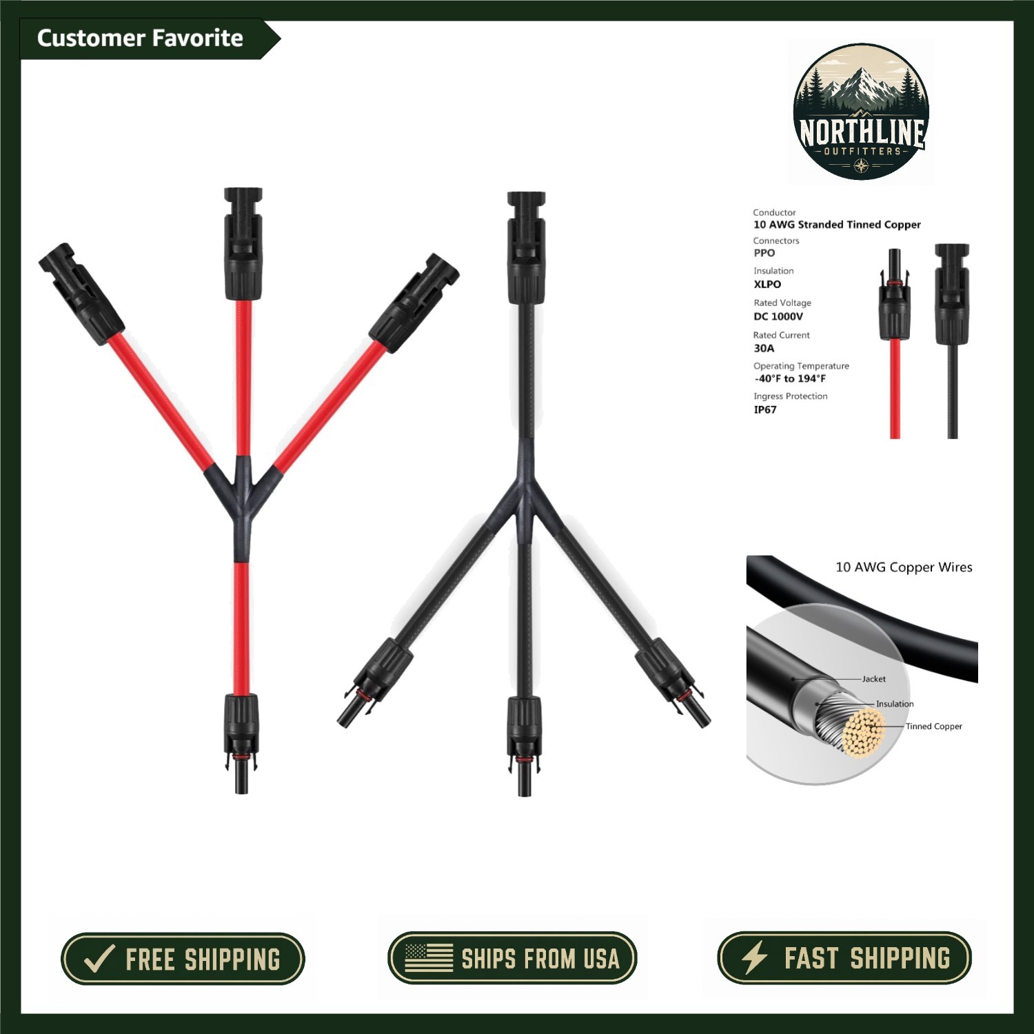 Plug & Play 3 to 1 Solar Connectors – 10AWG Dual-Layer for Long-Lasting Use