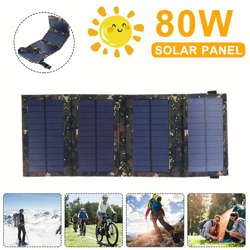 80W USB Solar Panel Folding Power Bank Outdoor Camping Hiking Phone Charger Kit
