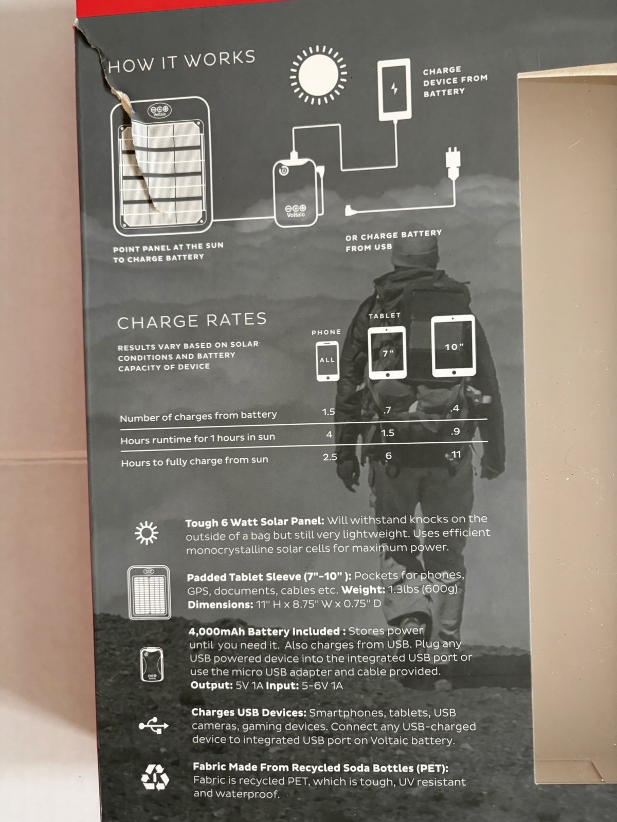 Voltaic Fuse 6 Watt Solar Tablet Charger Kit, 4000mAh Battery, USB, Waterproof