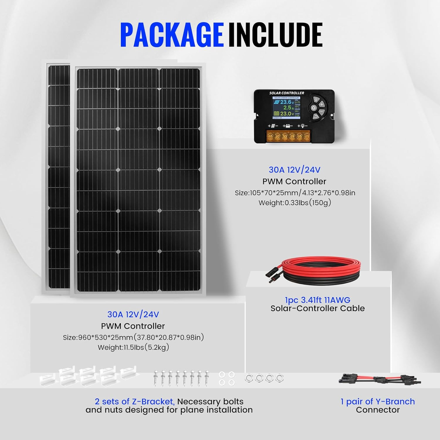 100W Monocrystalline Solar Panel Kit with 30A Controller – 2 Pack