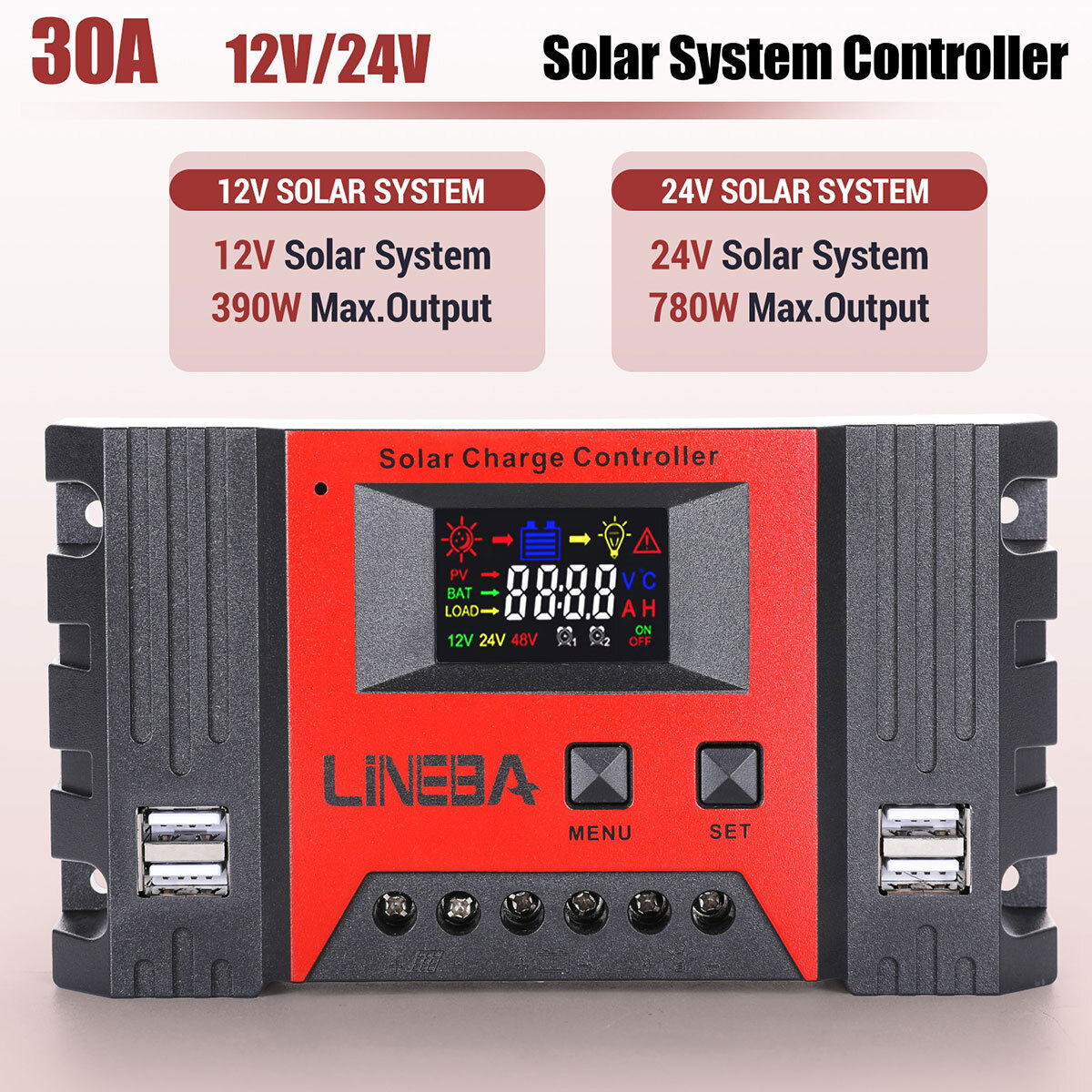 12V/24V/36V/48V 30-100A PWM Solar Charge Controller Panel Battery Regulator 4USB