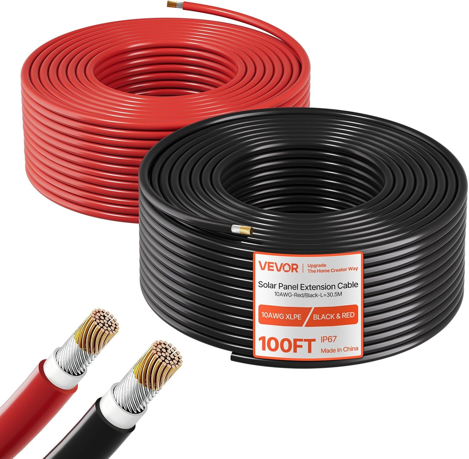 Solar Panel Wire, 100 Ft Black + 100 Ft Red Kit, 10 AWG (6 Mm²) Solar Panel Exte