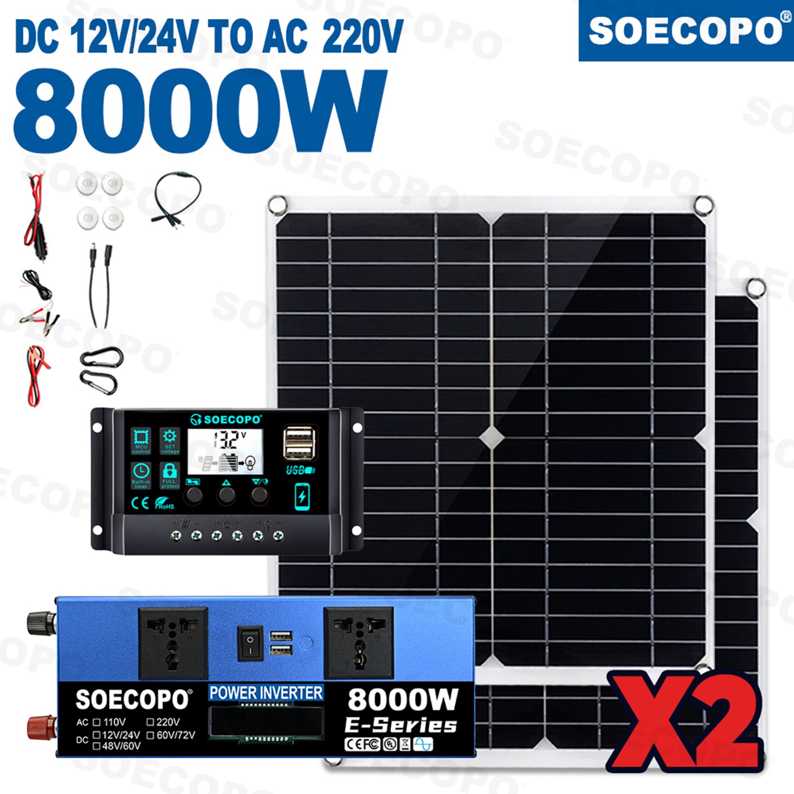 8000W Solar Inverter Kit (12V24V DC to 110V/220V AC) + 2pcs Solar Panels