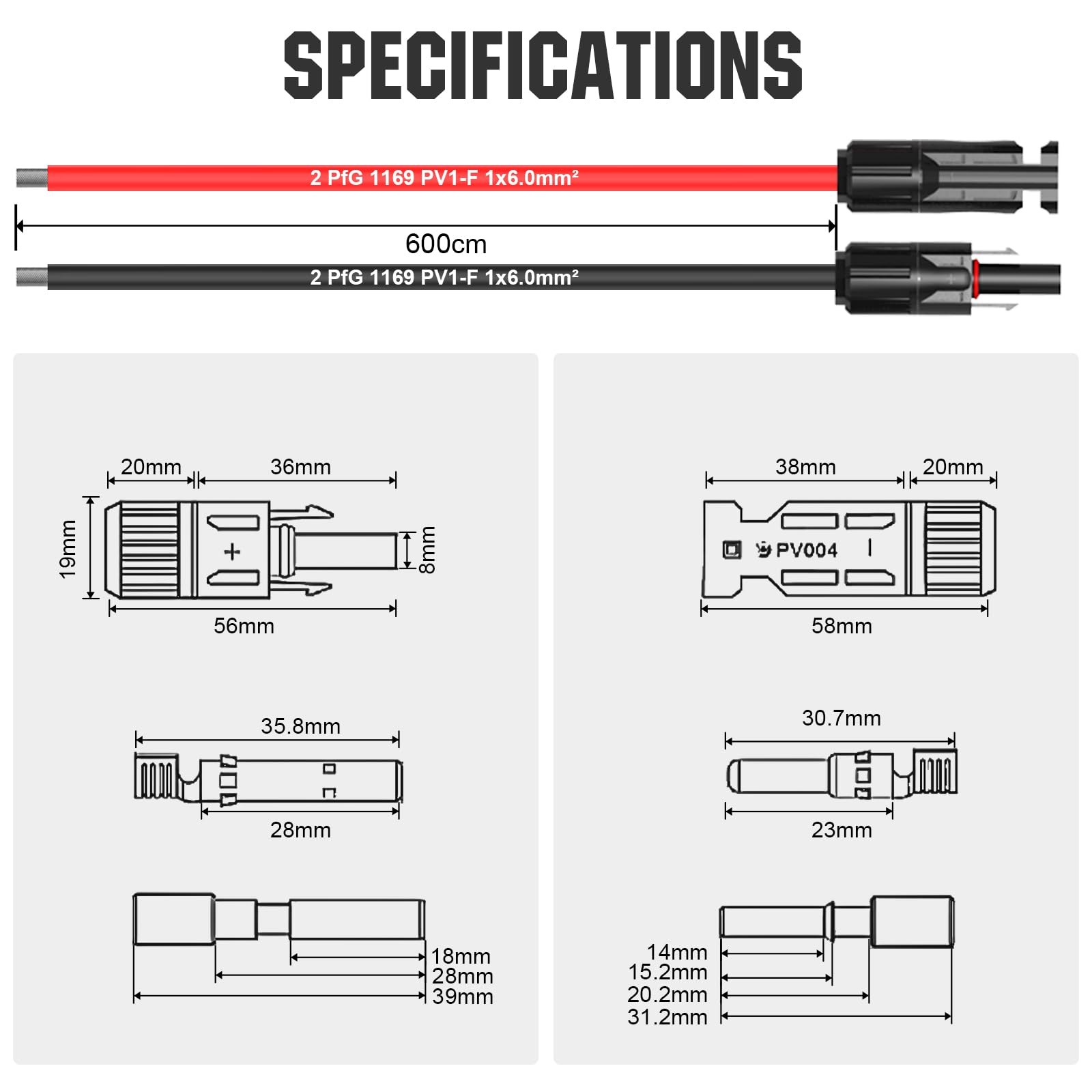 20FT 10AWG Solar Extension Cable 30A/1000V DC, IP67 Waterproof with Compatibl…