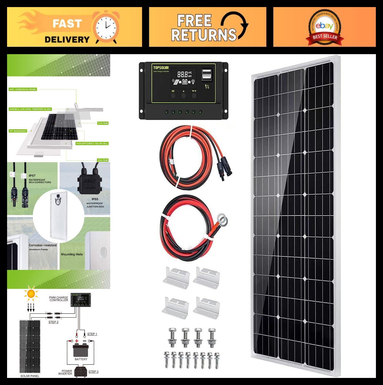 100W 12V Monocrystalline Solar Panel Kit Off-Grid System for RV, Boat, Home + 30
