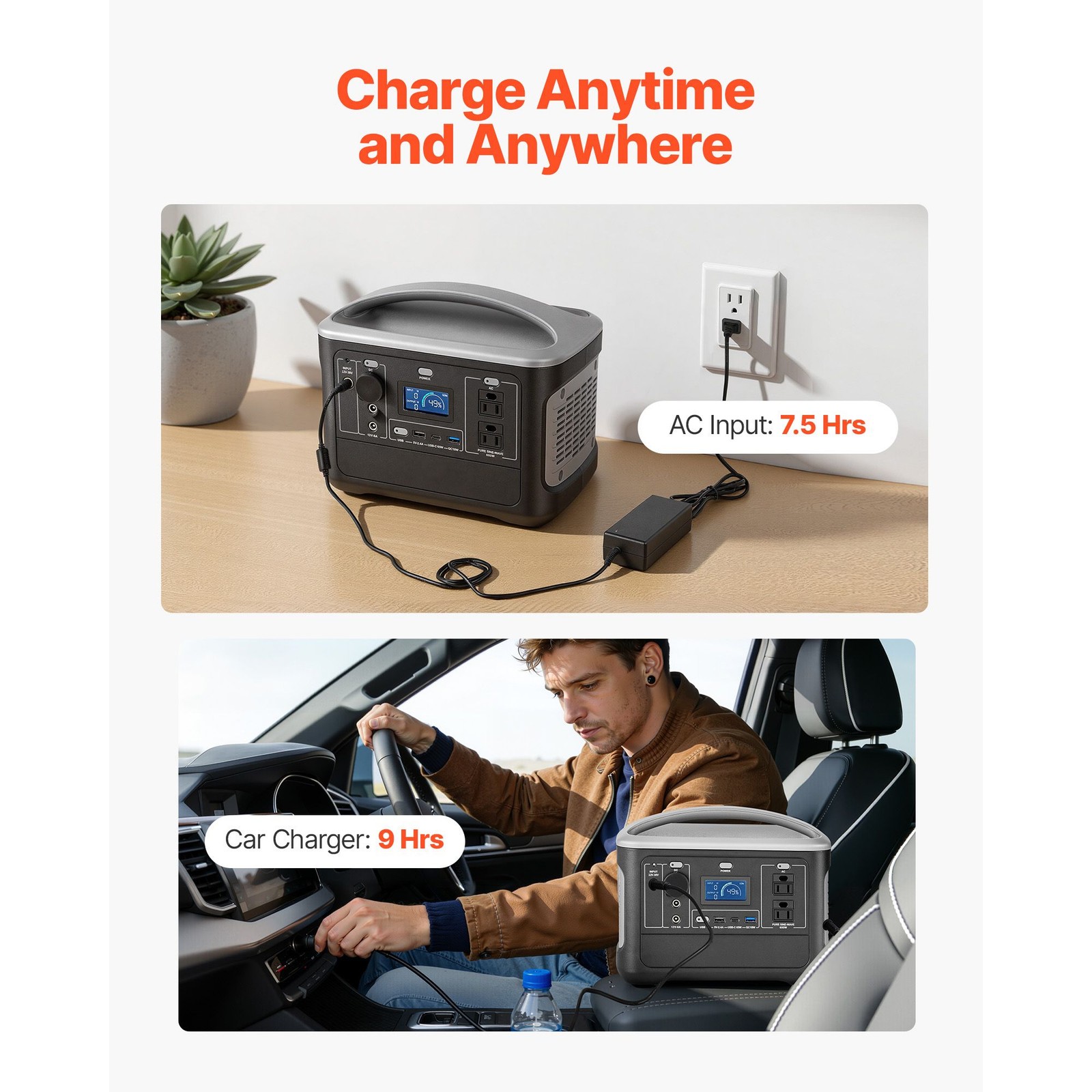 Compact 600W 493Wh Power Station, LiFePO4, 8 Output Ports, AC/USB/DC/Car