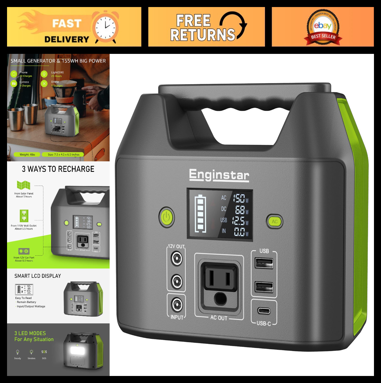 Portable Power Station 150W 155Wh Battery Pack, 110V AC Outlet, 6 Outputs, LED L