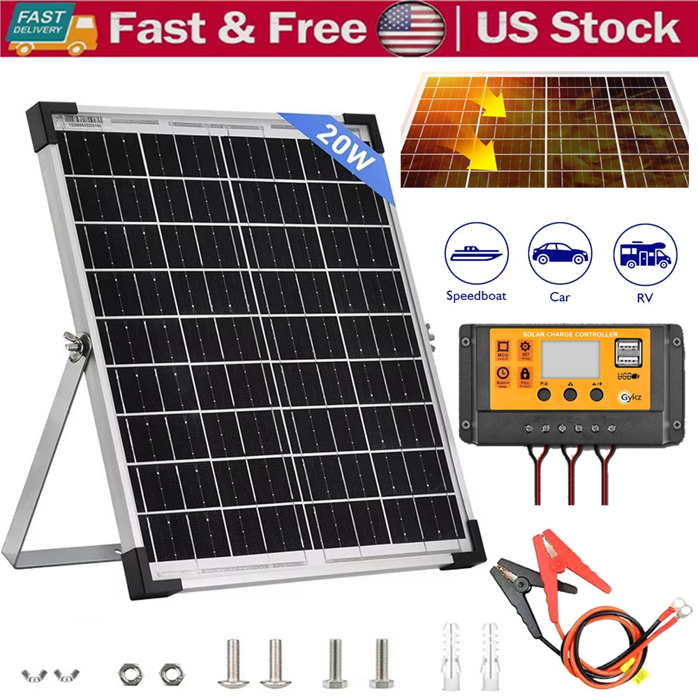 20W Solar Panel Trickle 12V Charger Battery Charger Kit Maintainer Boat Car RV