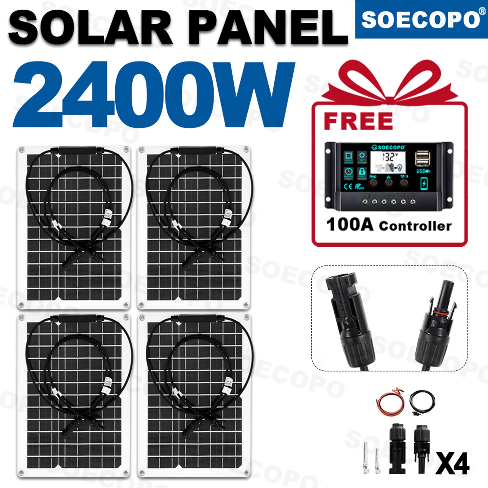【Set】2400W Solar Panels – 4 x 600W Flexible + 100A Controller with Accessories7u
