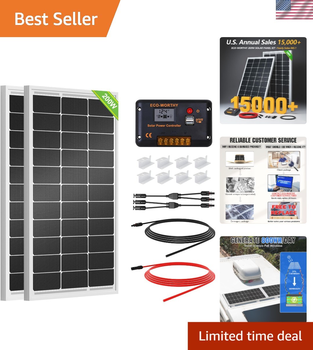 200 Watts 12 Volt/24 Volt Solar Panel Kit with High Efficiency Monocrystallin…