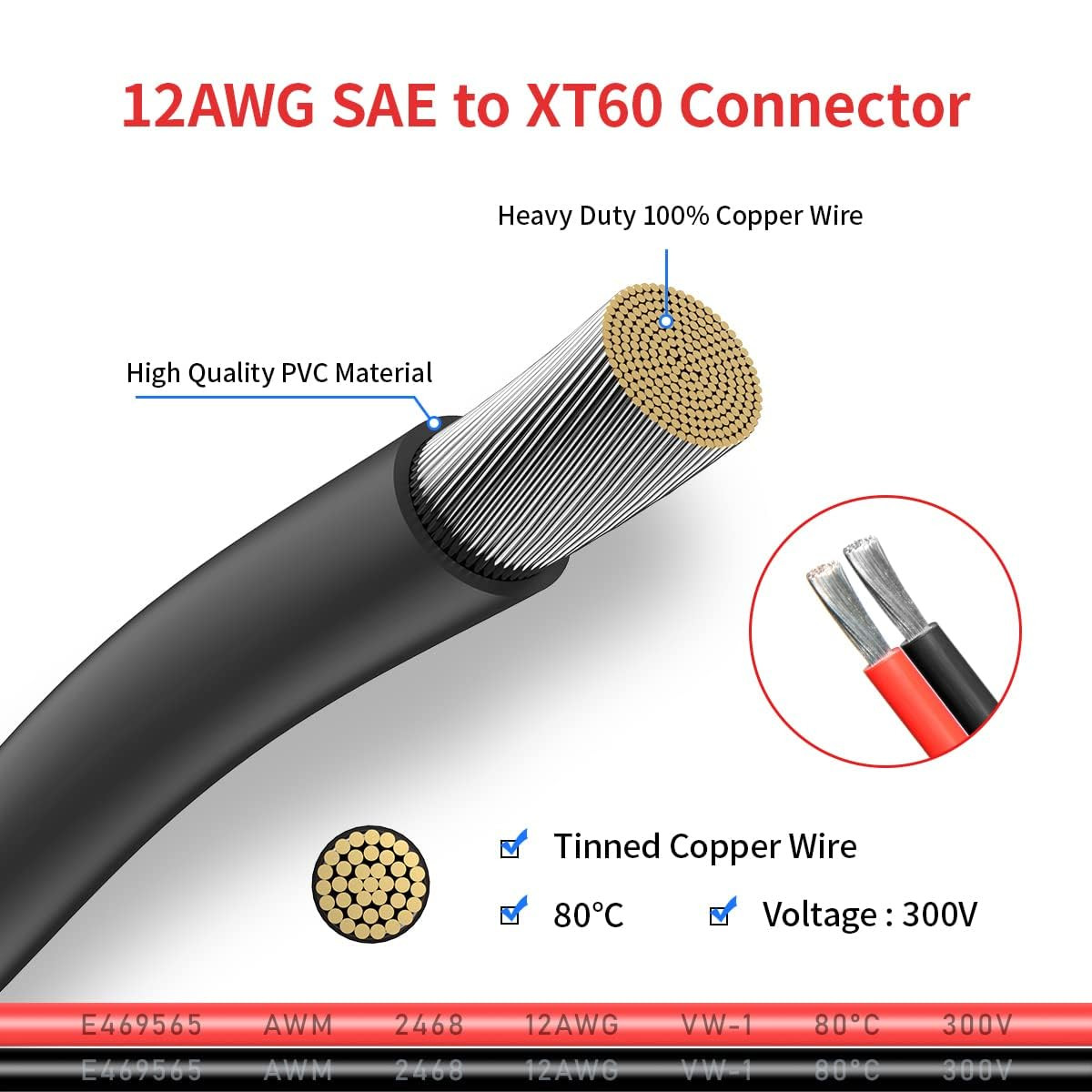 12AWG XT60 to SAE Connector Extension Cable with SAE Polarity Reverse Adapter fo