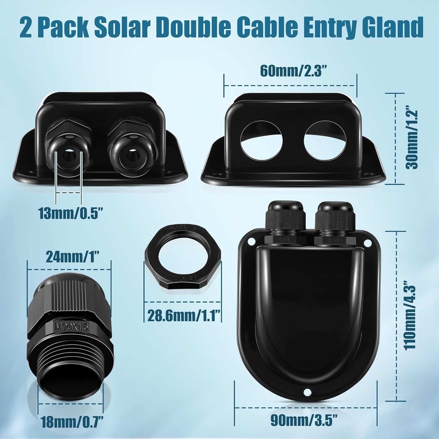 Enhon 2 Pack Solar Cable Entry Gland, Weather Resistant Solar Gland, Dual Cable