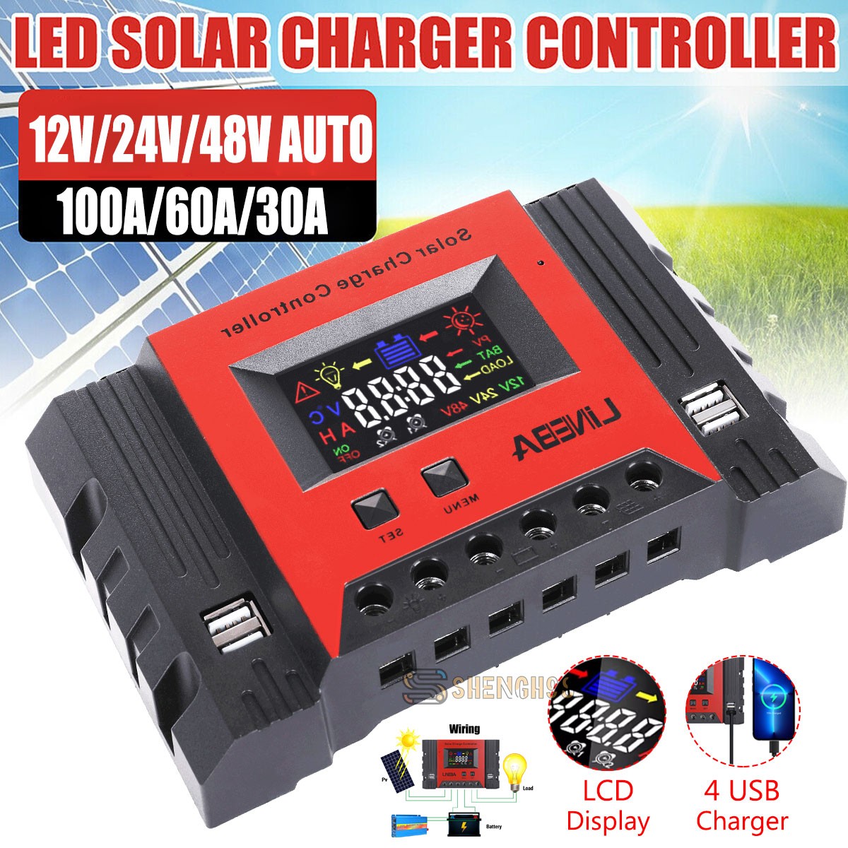 Controlador de carga solar de 100A 12V/24V/48V Pantalla LCD Regulador de panel
