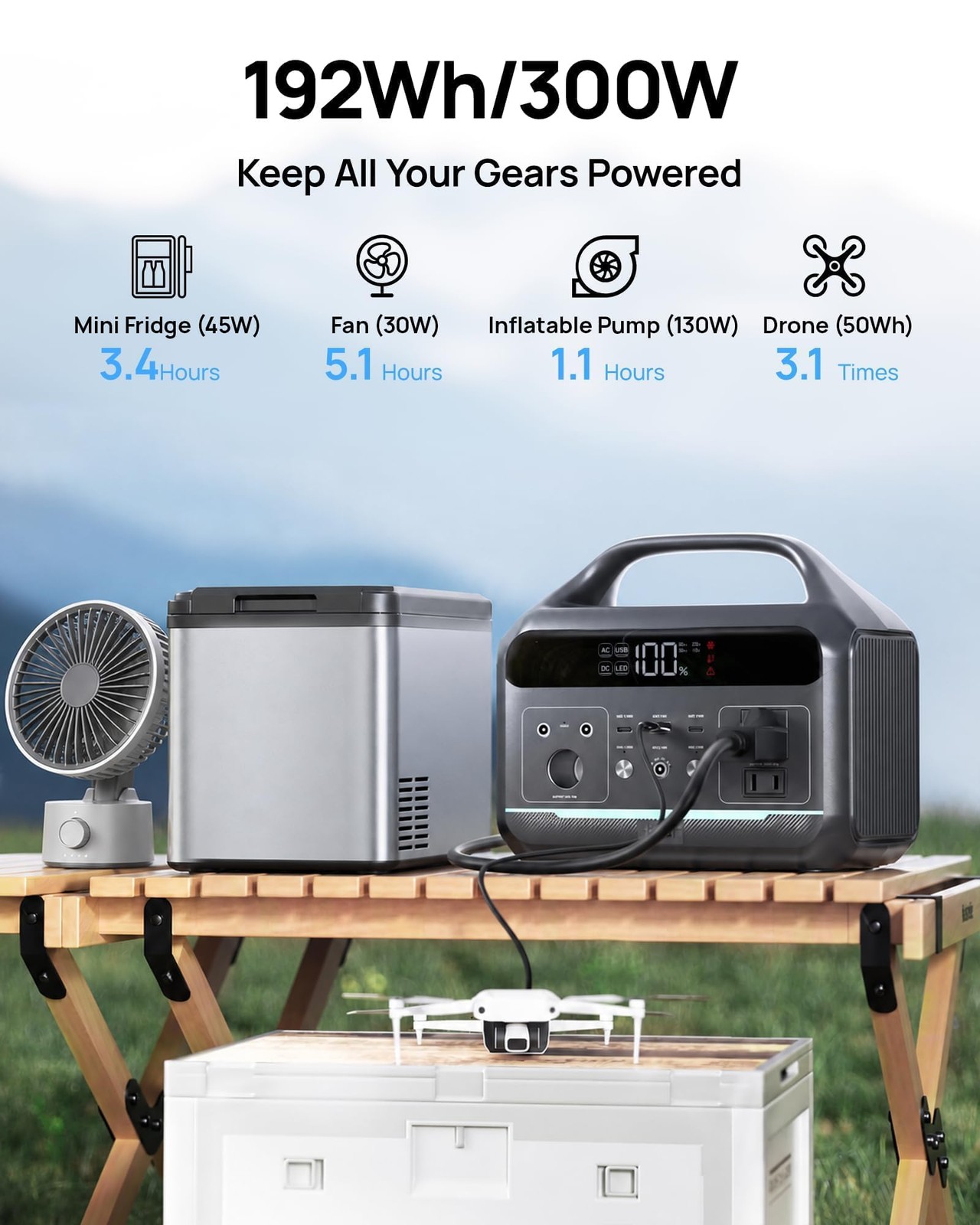 Portable Power Station 300W (600W Peak), 192Wh LiFePO4 Battery Solar Generato…