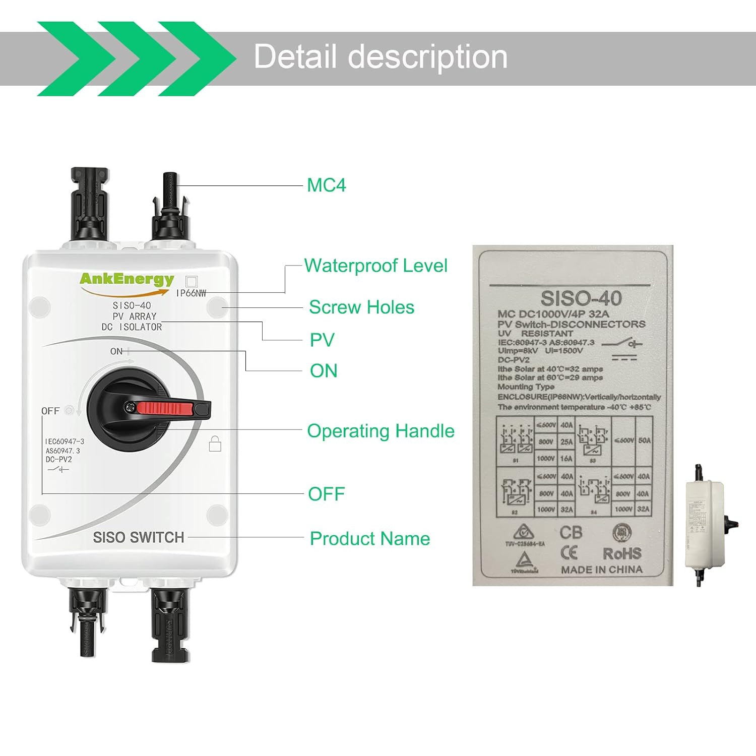IP66 Solar Combiner Box， 32A PV DC Isolator Switch with Solar Connector for Sola