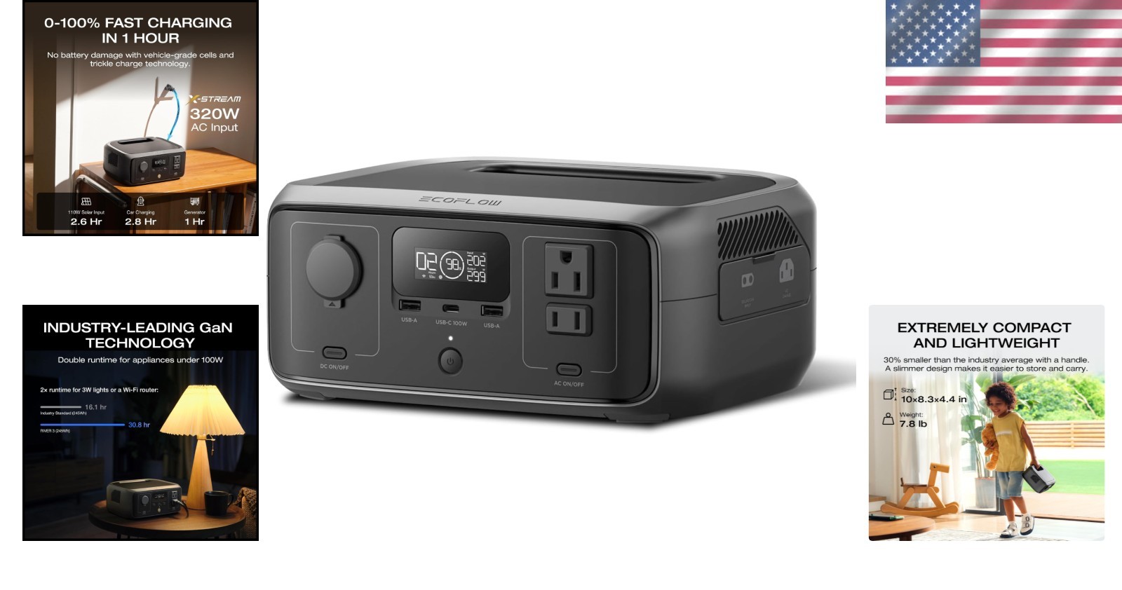 Lightweight Portable Power Station RIVER 3, 600W Peak & 6 Outlets for All Needs