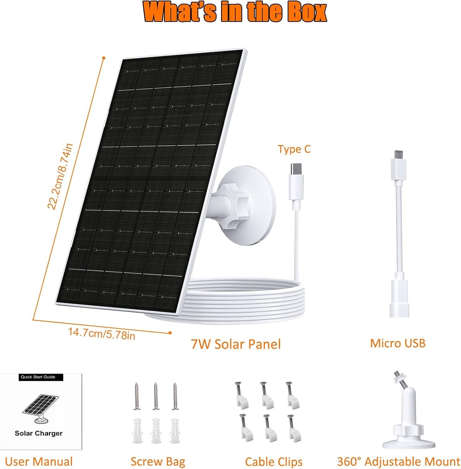 7W Solar Panel for Arlo Essential 2K XL and Spotlight and Micro USB plugs, 5V ou