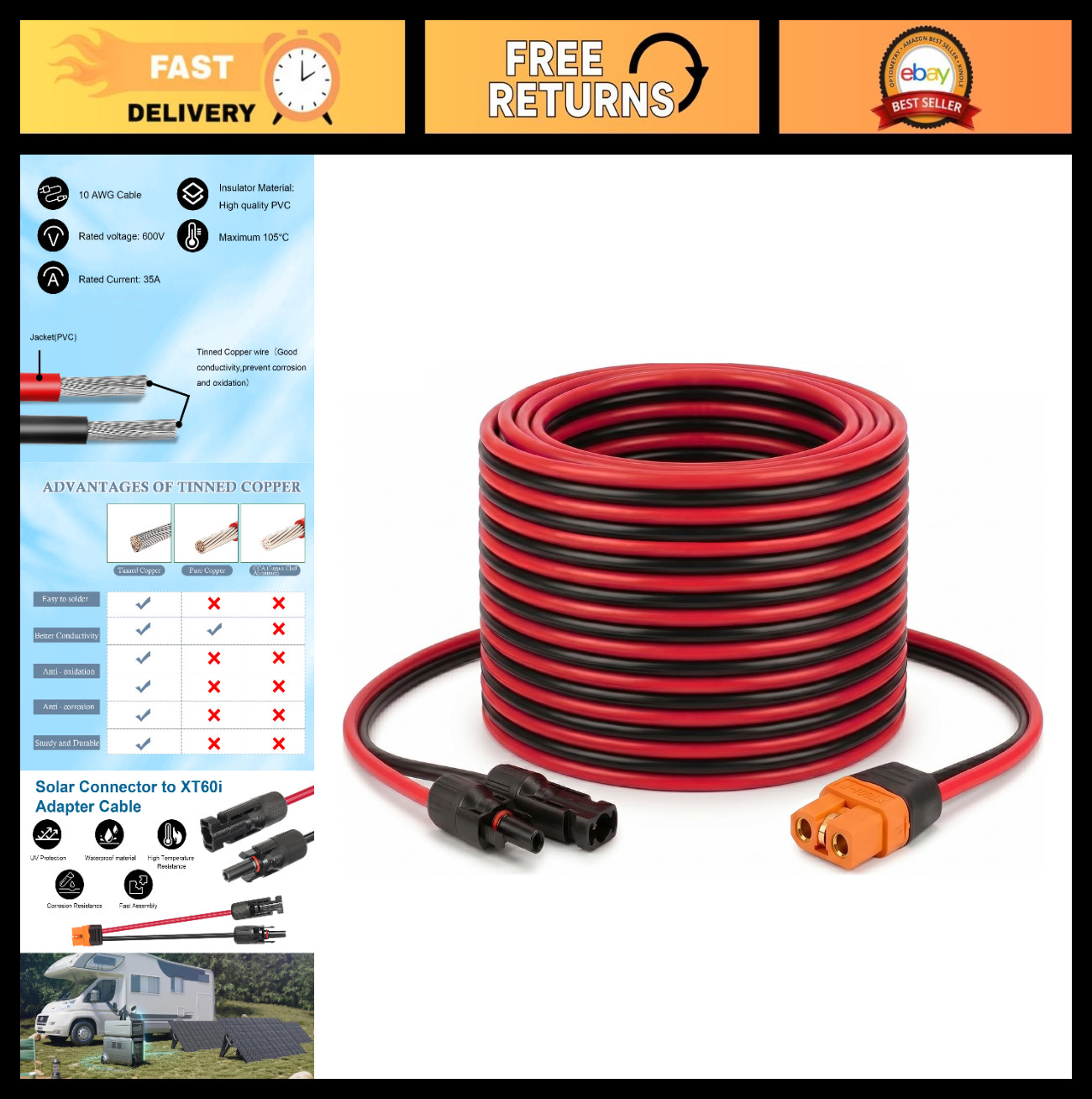 20FT 10AWG Solar Panel XT60i Adapter Connector Extension Cable for Power Station