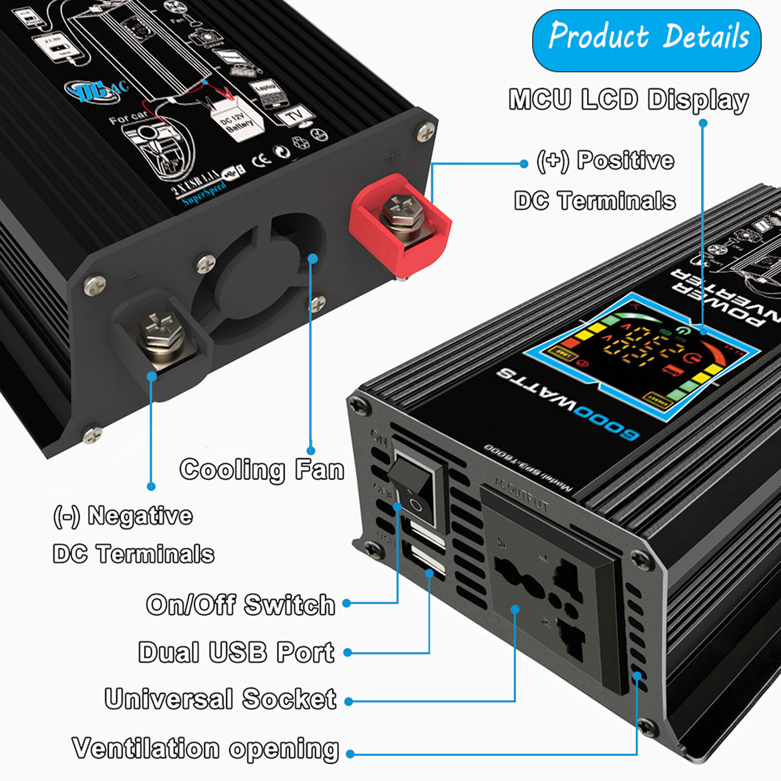 6000W Inverter DC 12V to AC 110V / 220V Vehicle Solar Power Inverter For Disple