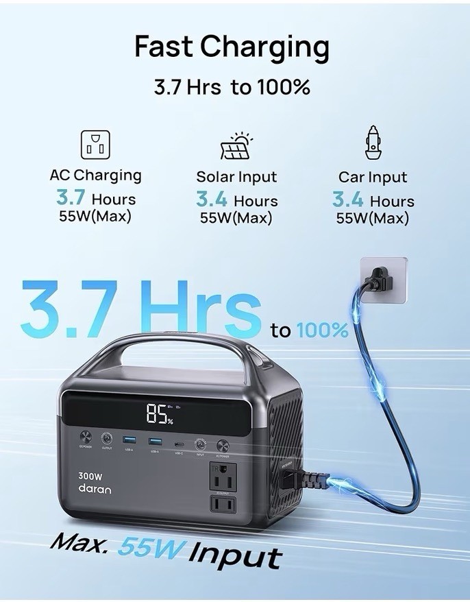 Daran Portable Power Station 300W (600W Peak), 192Wh (60,000mAh) Solar Generator