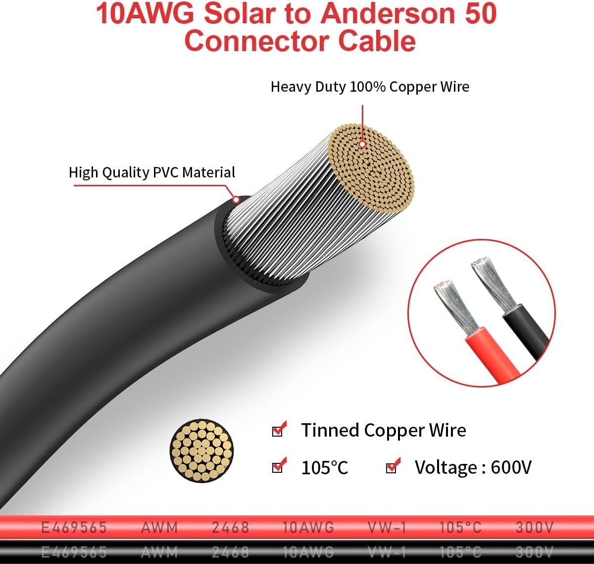 10AWG Solar Panel Connector to Anderson 50A/600V Solar Connector Cable for So…