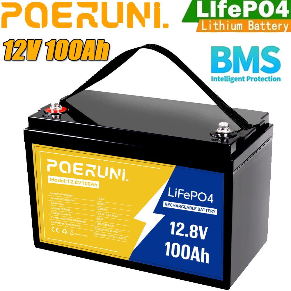 100Ah 12V LiFePO4 Lithium Battery 1280Wh Built-in BMS Deep Cycles For RV Solar