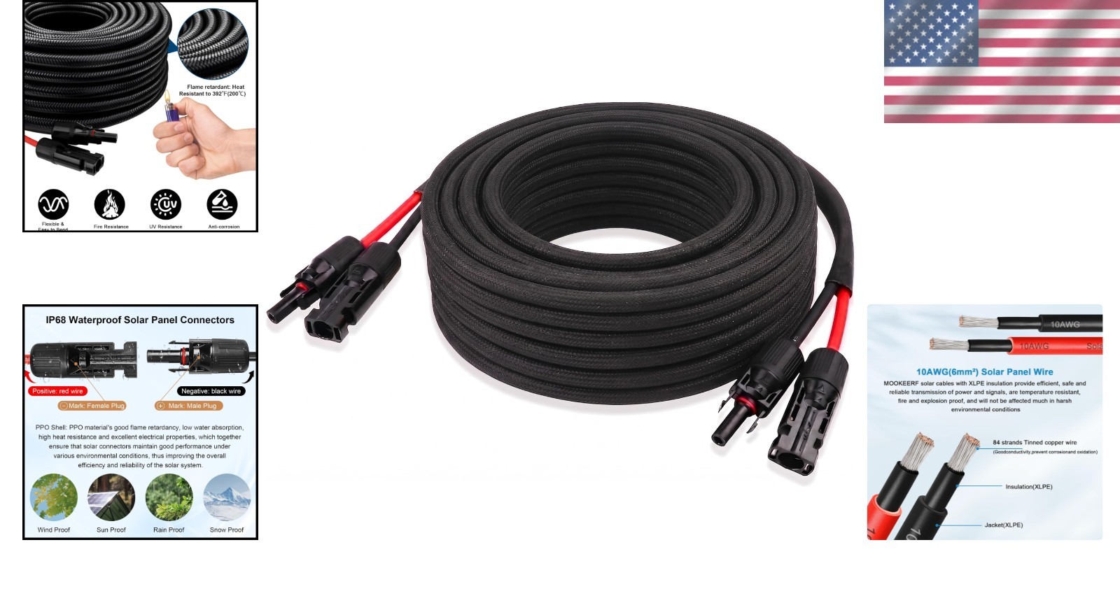 10AWG 50FT Waterproof Solar Panel Extension Cable with Flame Retardant Sleeving