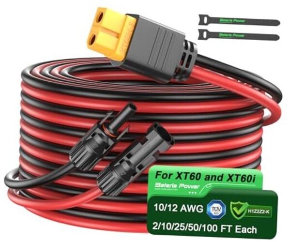 Solar Connector to XT60 Adapter Extension 35FT-10.6M 12AWG 12AWG Red and Black