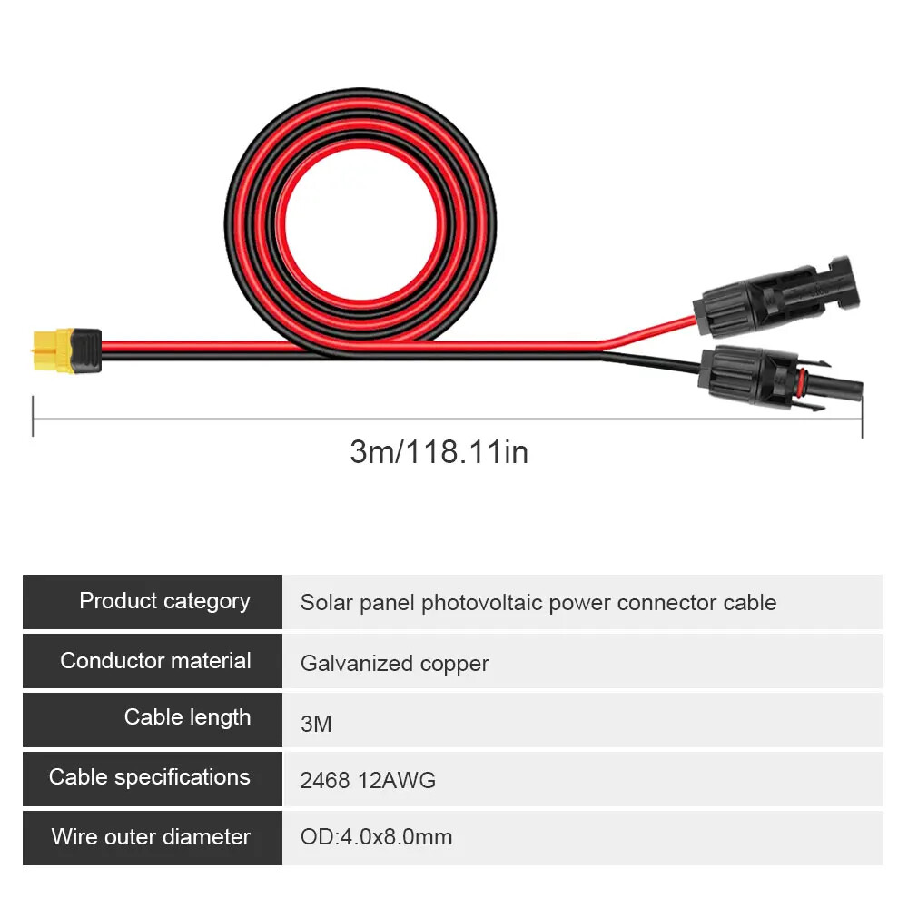 10ft 12 AWG XT60 Female to Solar Connector Solar Panel Extension Charging Cable