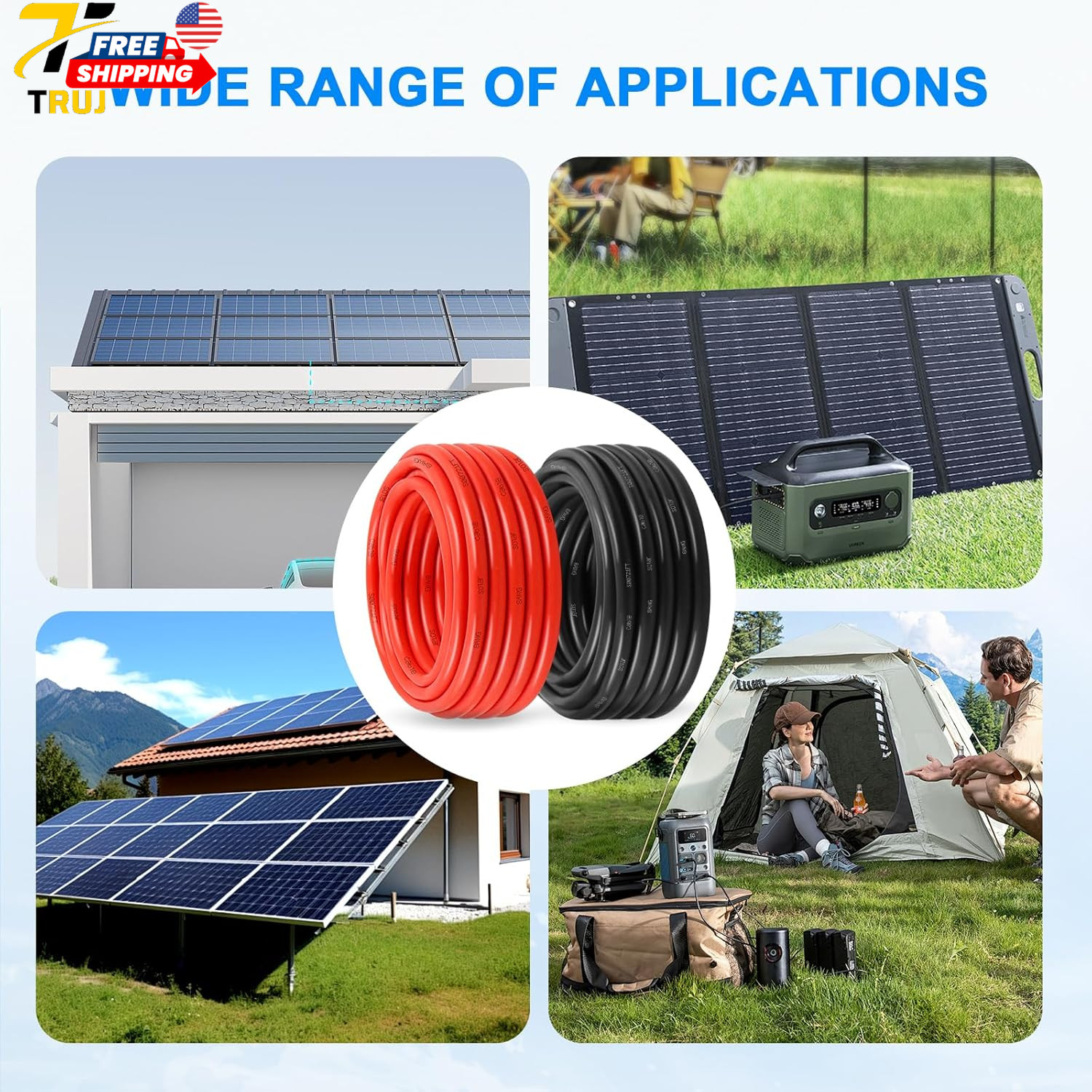 8AWG Solar Panel Wire 10Mm² 2 Pack 50FT Red & Black Solar Extension Cable PV Wir