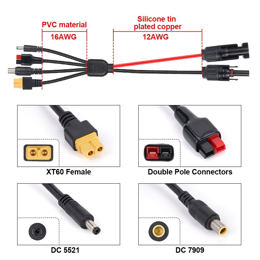 4-in-1 Solar Connector Extension Cable Splitter Solar Adapter to XT60（3ft）