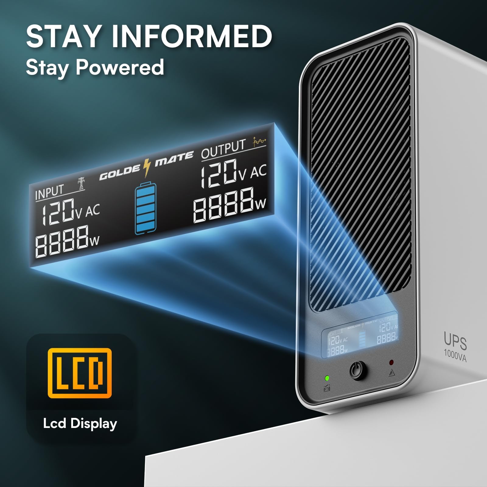 GOLDENMATE 1000VA/800W LiFePO4 UPS Battery Backup Pure Sine Wave for PC