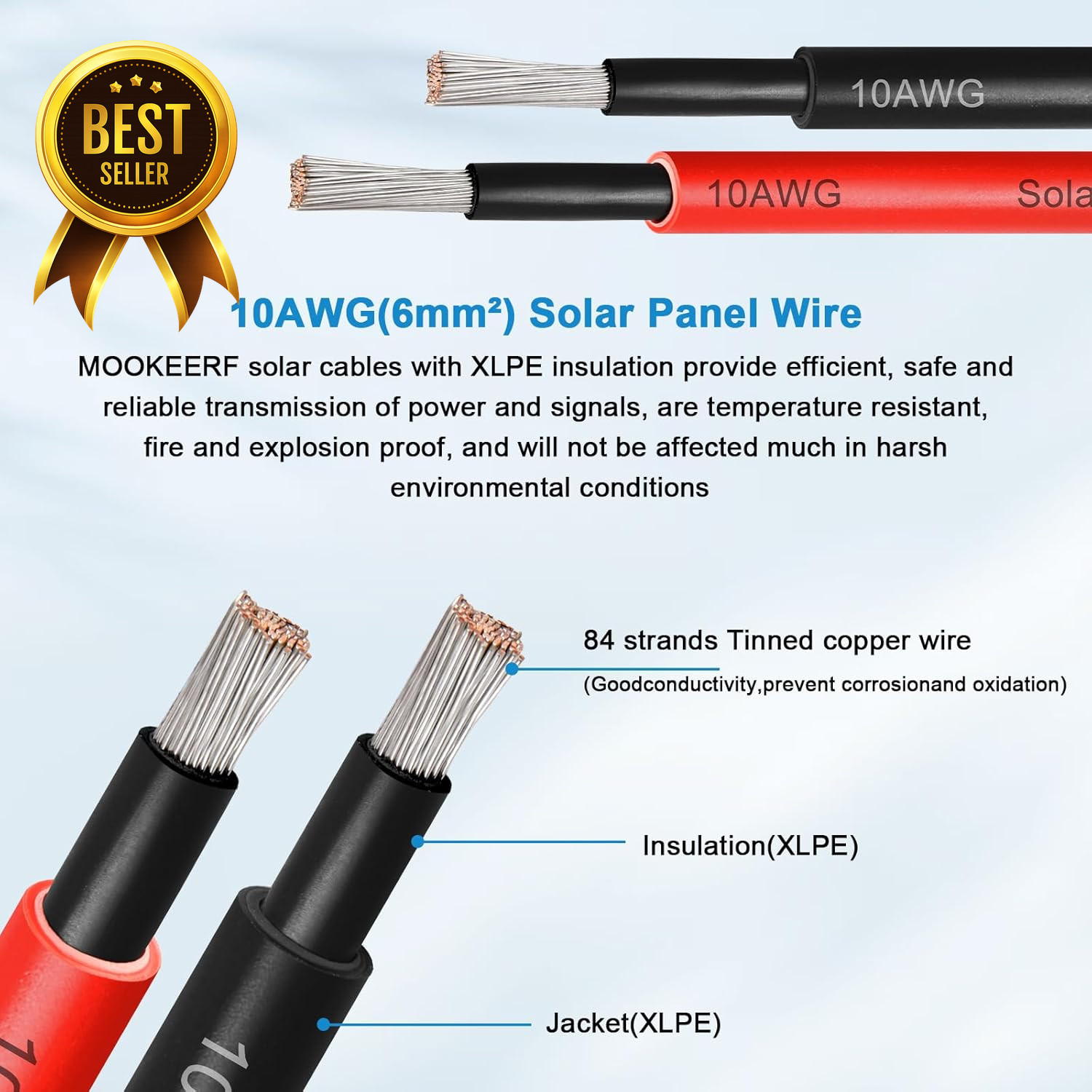 10 AWG Solar Panel Wire 200ft (100ft Black + 100ft Red) Tinned Copper 6mm² PV Ex
