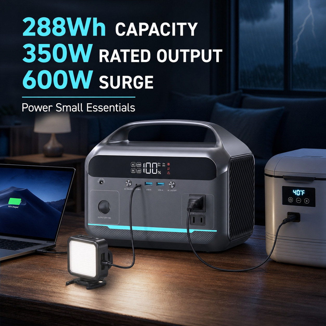288Wh Portable Power Station 350W 600W Surge LiFePO4 Battery 110V AC Outlet