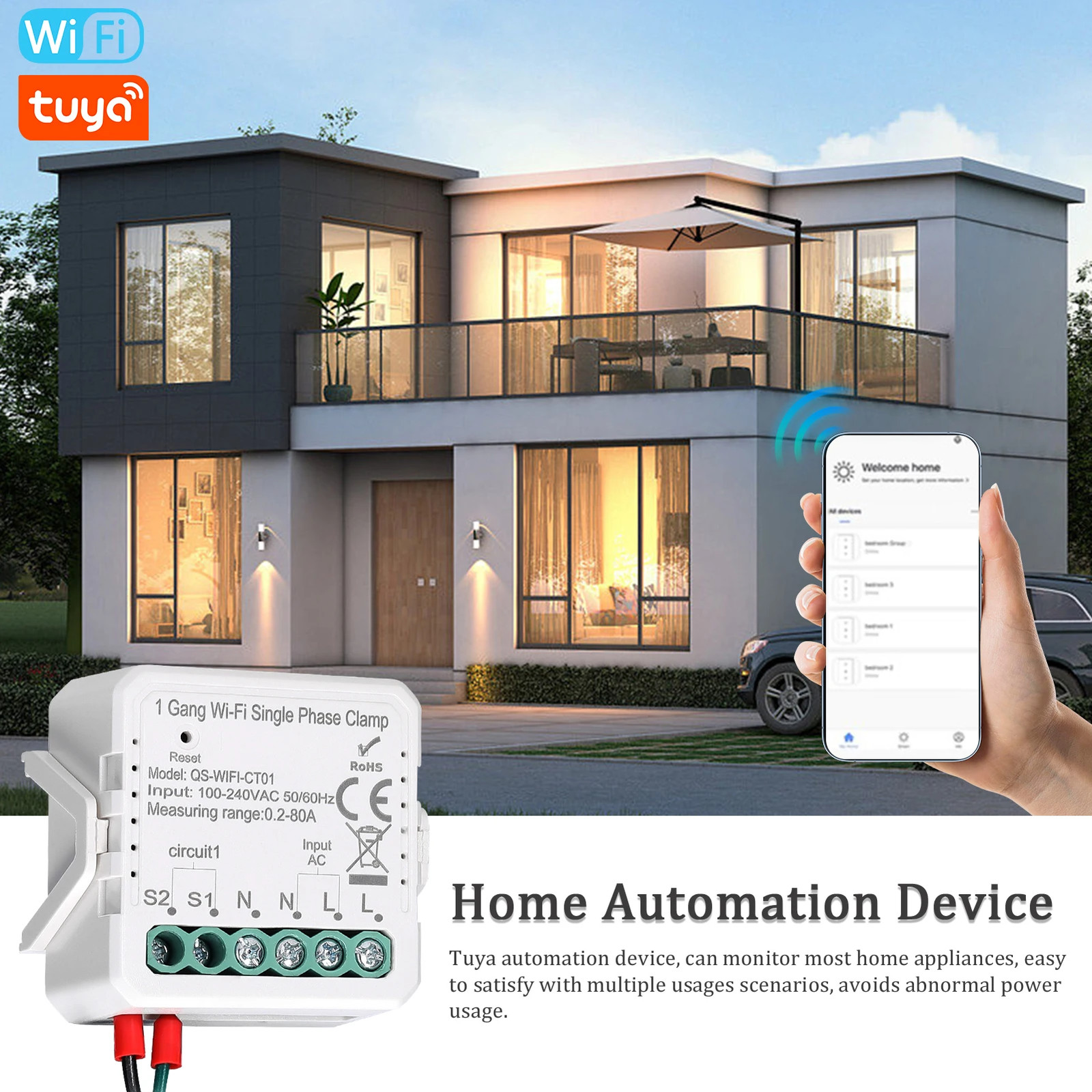 Tuya Wifi 2 Gang 80A Single Phase Clamp Solar PV Energy Meter Bidirectional Mobi