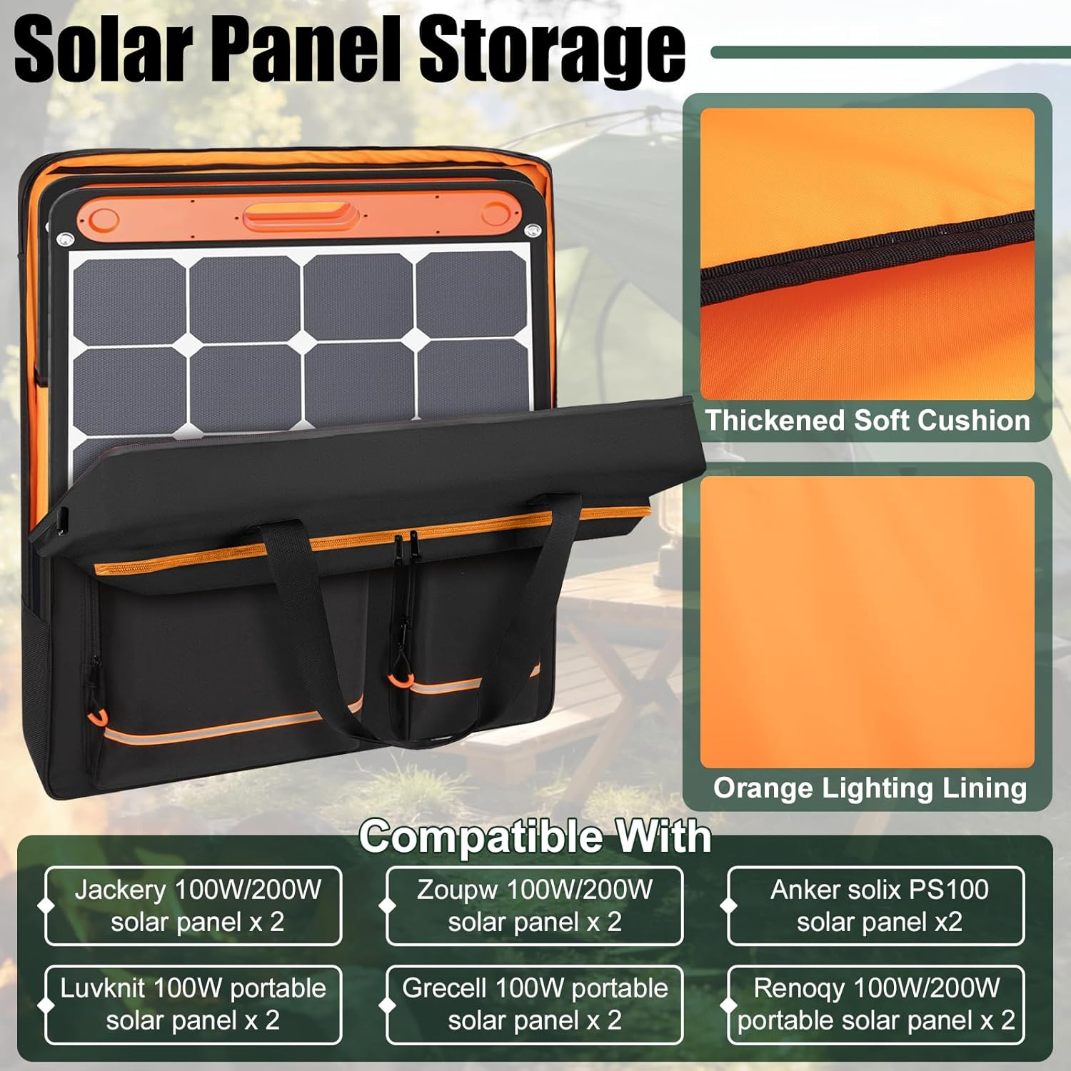 Solar Panel Storage Bag with Orange Lining, Deepened Opening, Zipper with Pull a